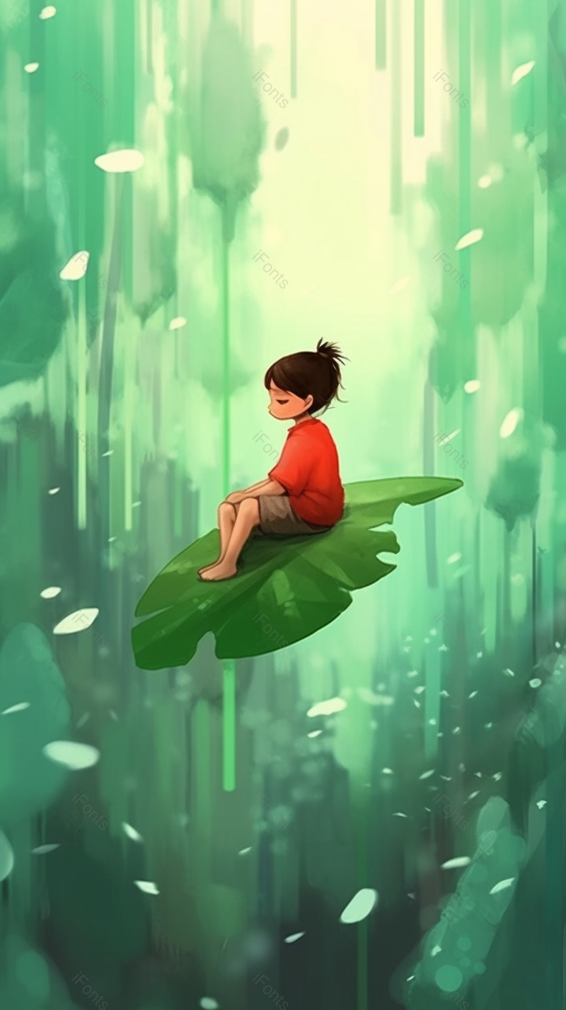 红衣小女孩坐在漂浮的树叶上观望着风景创意儿童插画设计背景,插画/手绘图,插画/手绘图库,插画/手绘图下载,插画/手绘